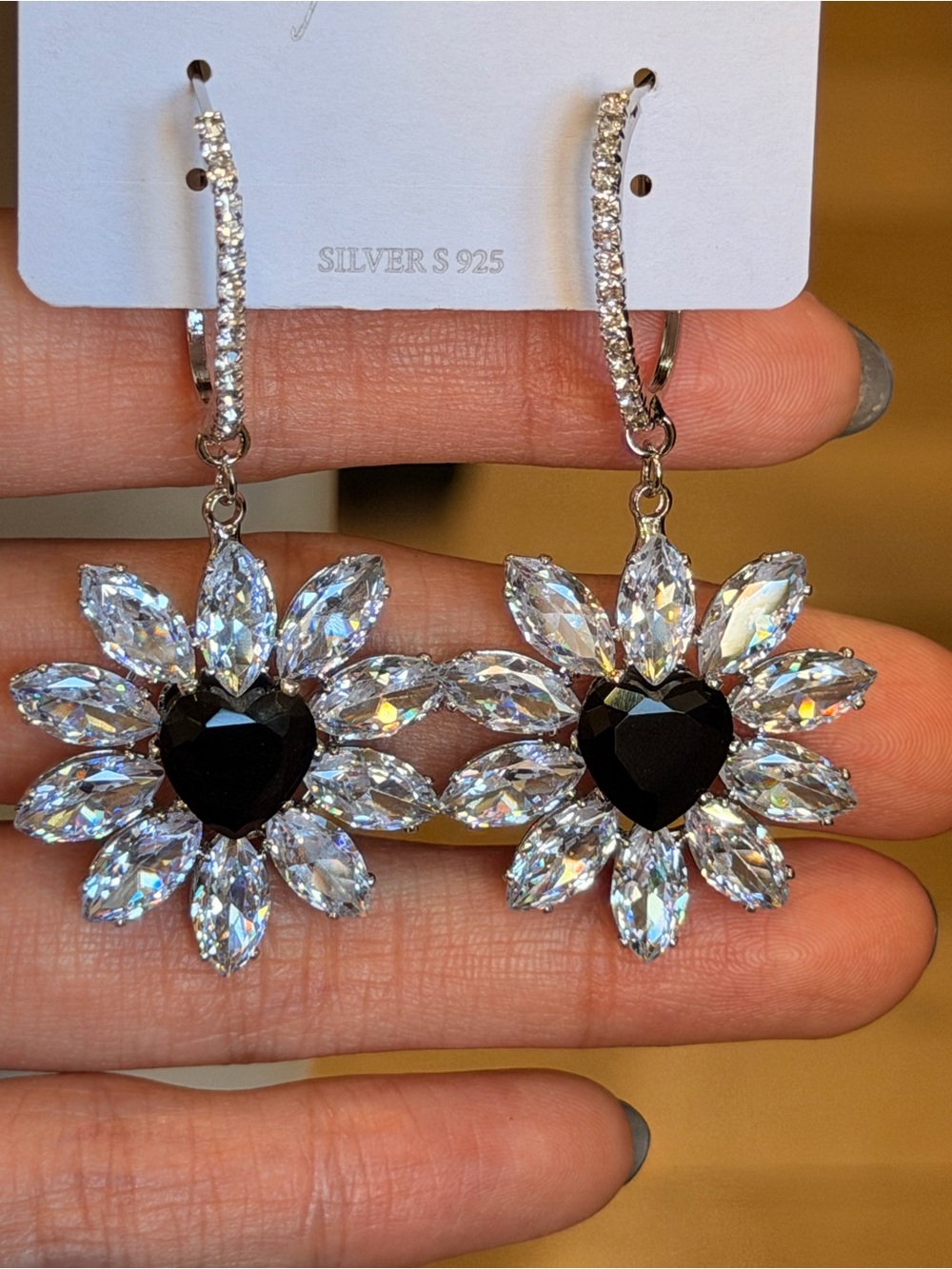 Silver Black Heart Crystal Flower Drop Earrings